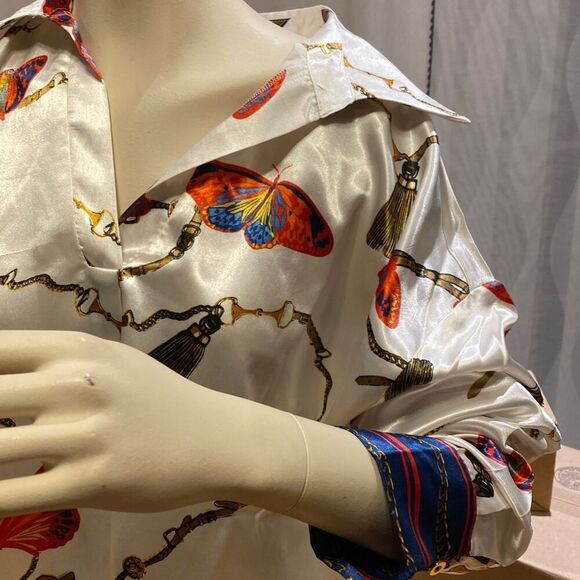 K. Jordan Butterfly/Chains Blouse, Winged Collar, Women’s Large - Picture 3 of 9